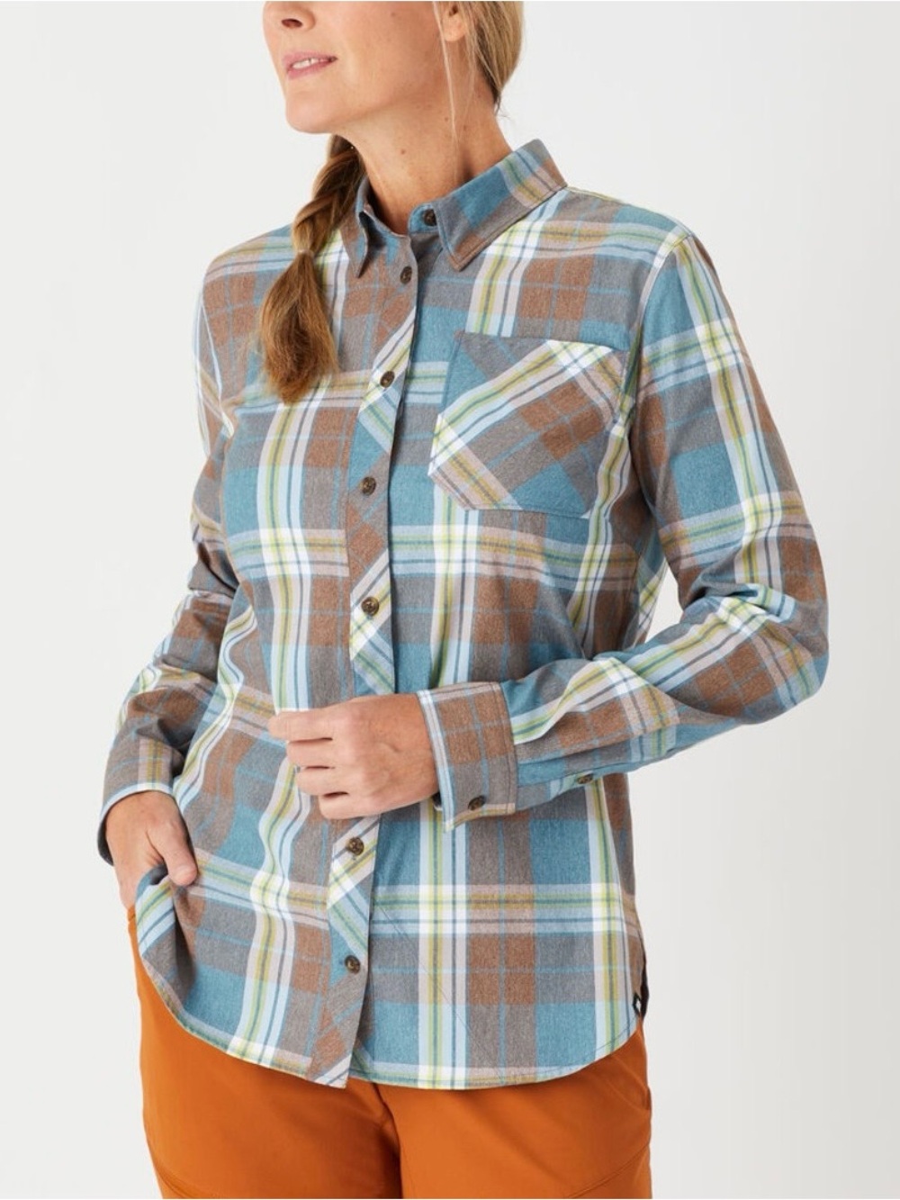 Duluth Trading Co AKHG Bitterroot Plaid Button-Down Shirt in Blue & Brown